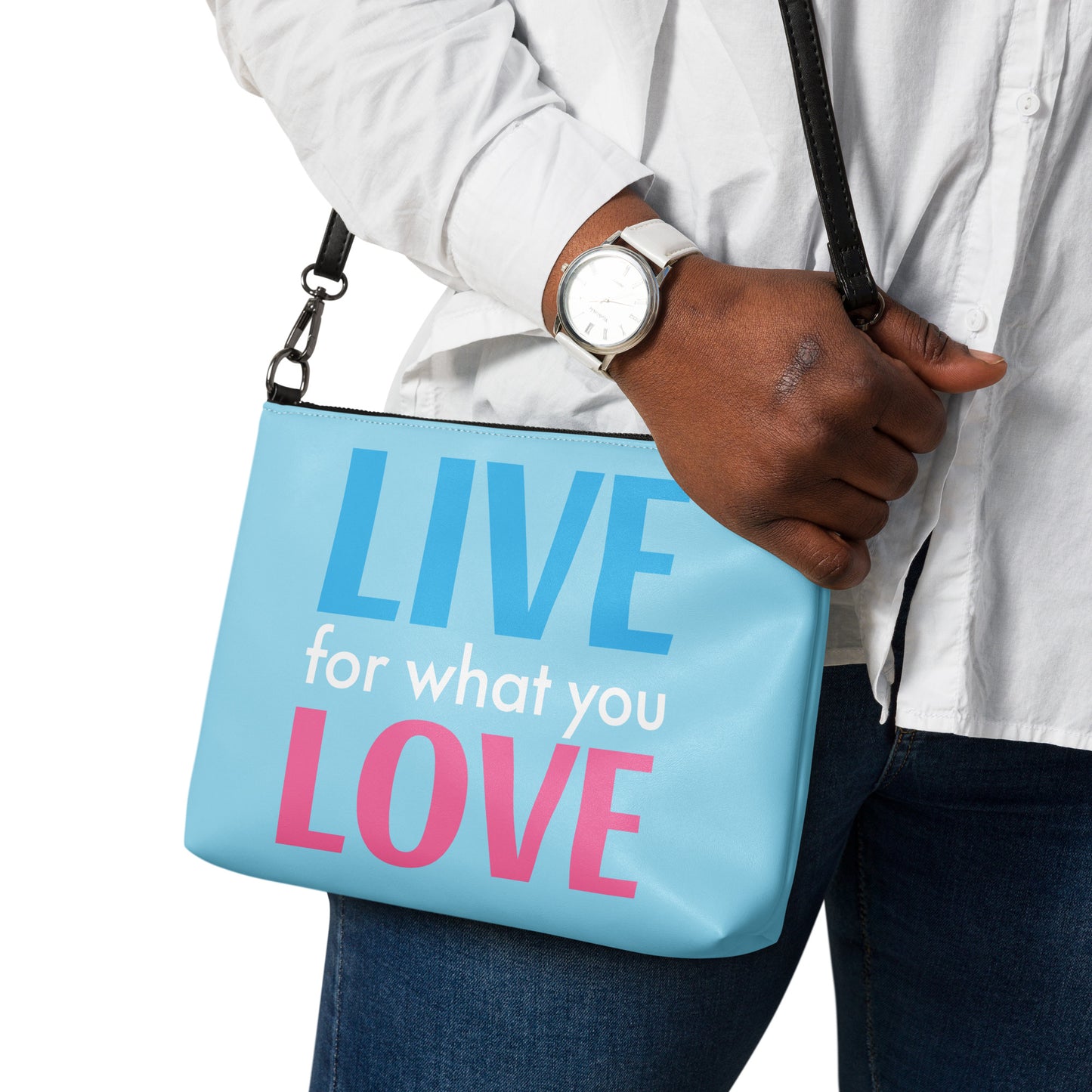 "LIVE FOR WHAT YOU LOVE" BY XCLUSIF POETIX LIGHT BLUE Crossbody bag