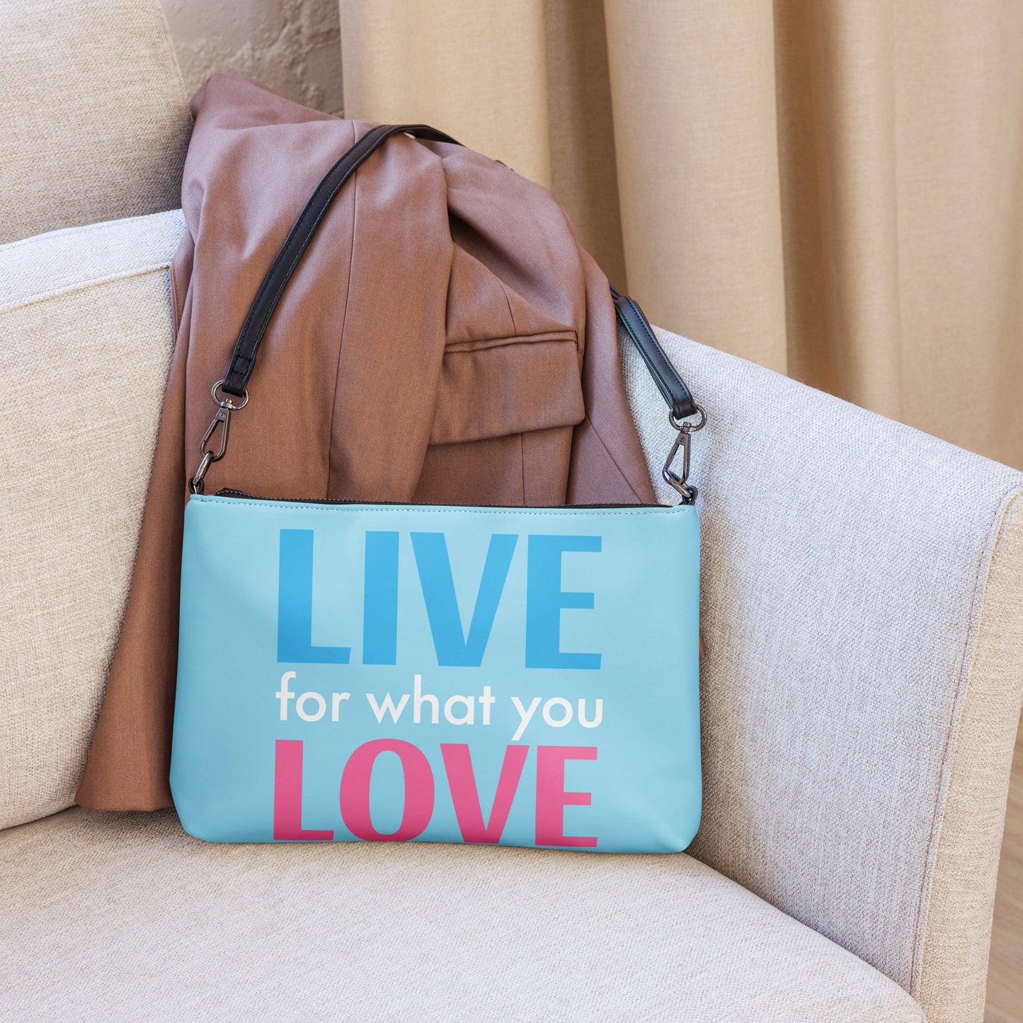 "LIVE FOR WHAT YOU LOVE" BY XCLUSIF POETIX LIGHT BLUE Crossbody bag