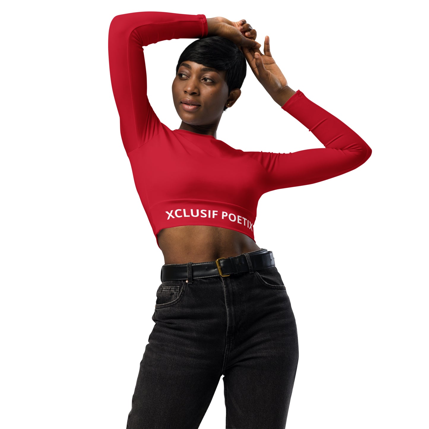 XCLUSIF POETIX RED & WHITE LOGO long-sleeve crop top