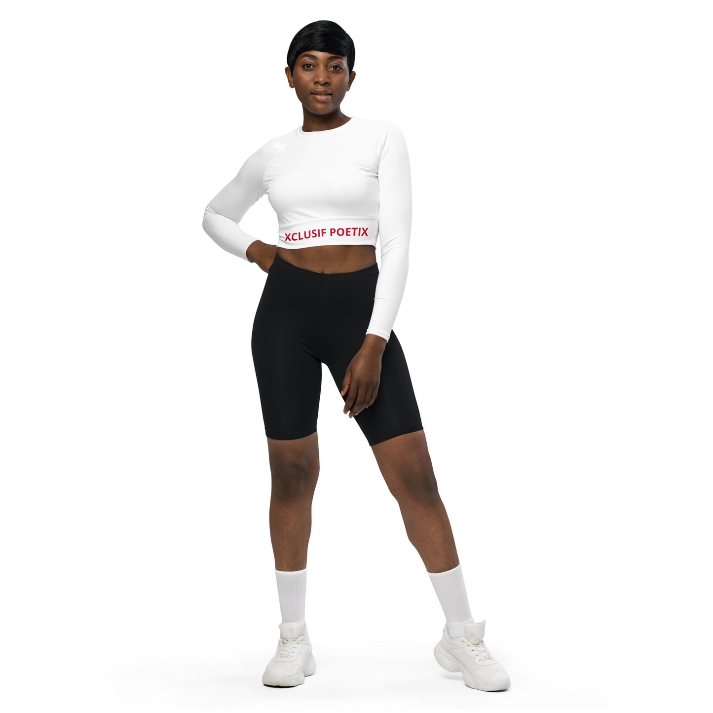 XCLUSIF POETIX WHITE & RED LOGO long-sleeve crop top