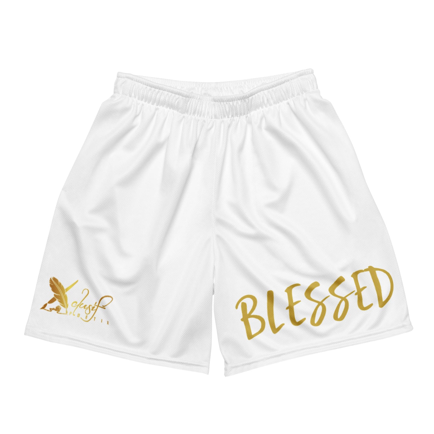 BLESSED BY XCLUSIF POETIX WHITE & GOLD Unisex mesh shorts