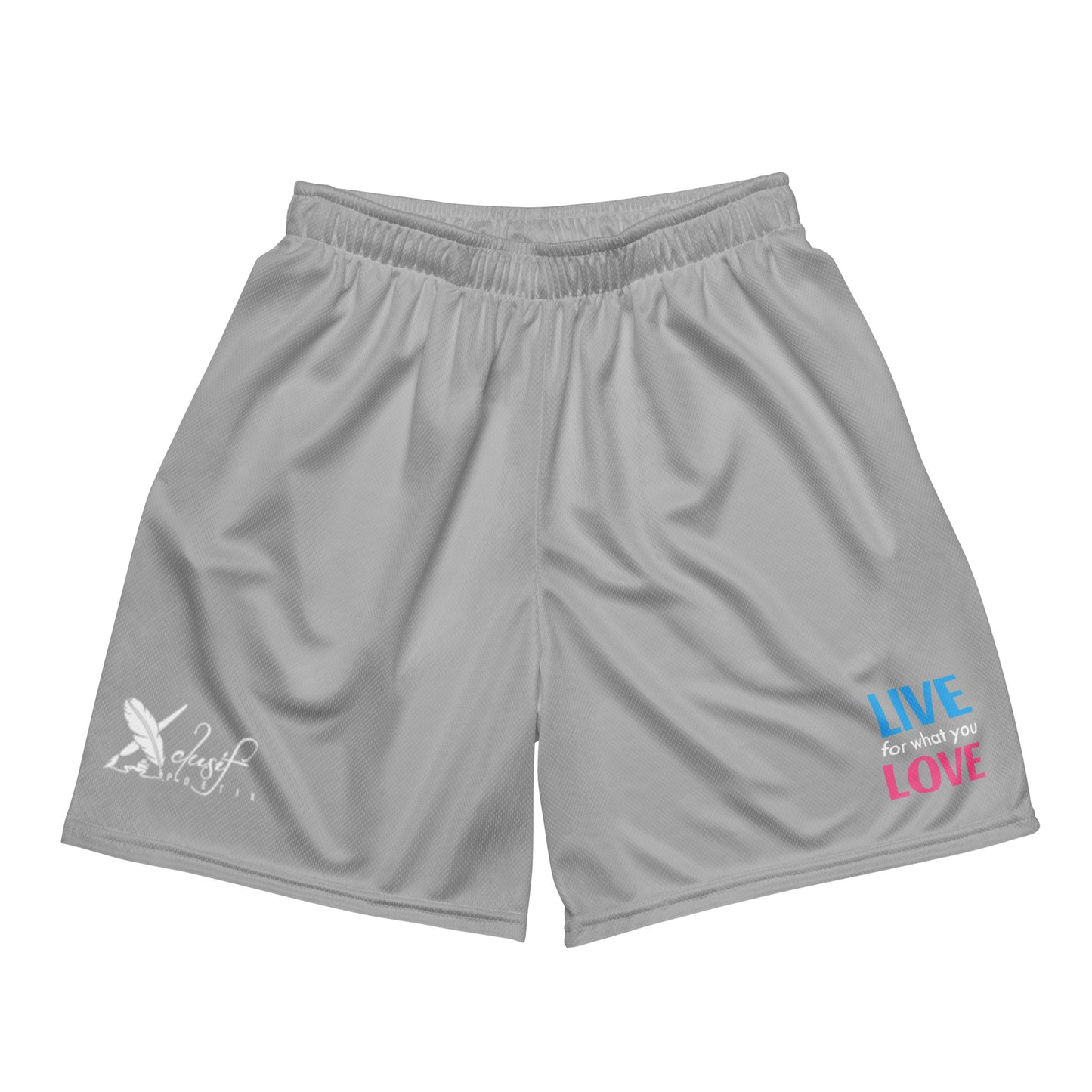 "LIVE FOR WHAT YOU LOVE" BY XCLUSIF POETIX SILVER Unisex mesh shorts