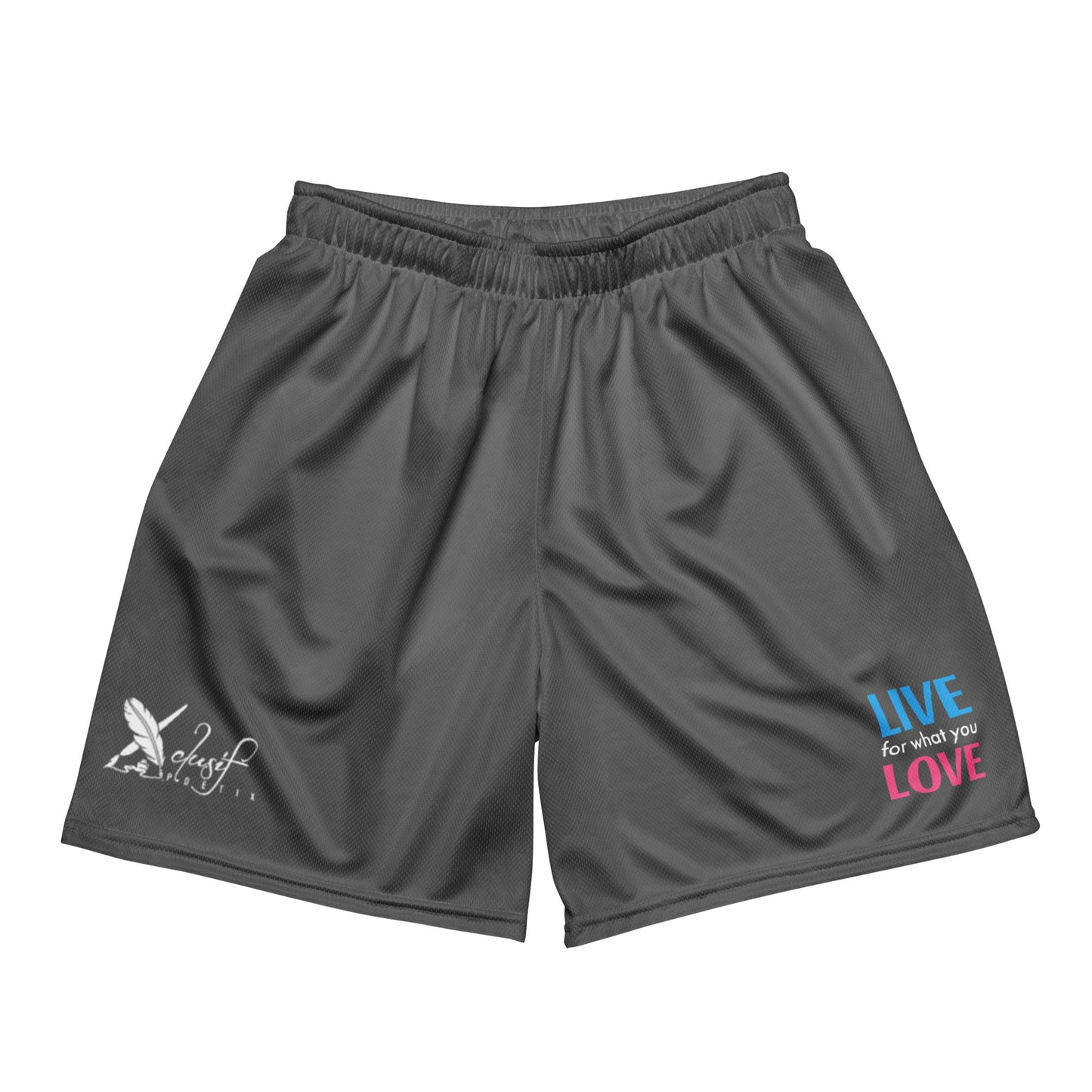 "LIVE FOR WHAT YOU LOVE" BY XCLUSIF POETIX GREY Unisex mesh shorts