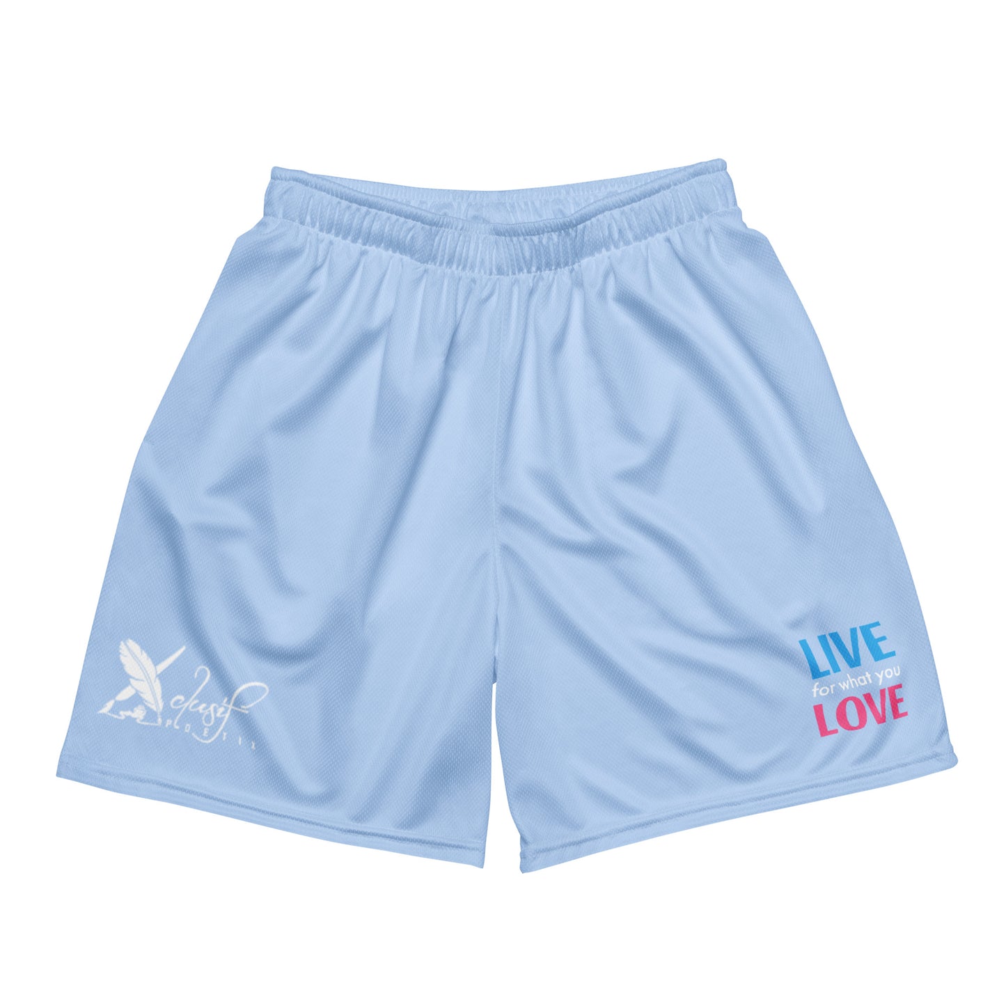 "LIVE FOR WHAT YOU LOVE" BY XCLUSIF POETIX LIGHT BLUE Unisex mesh shorts