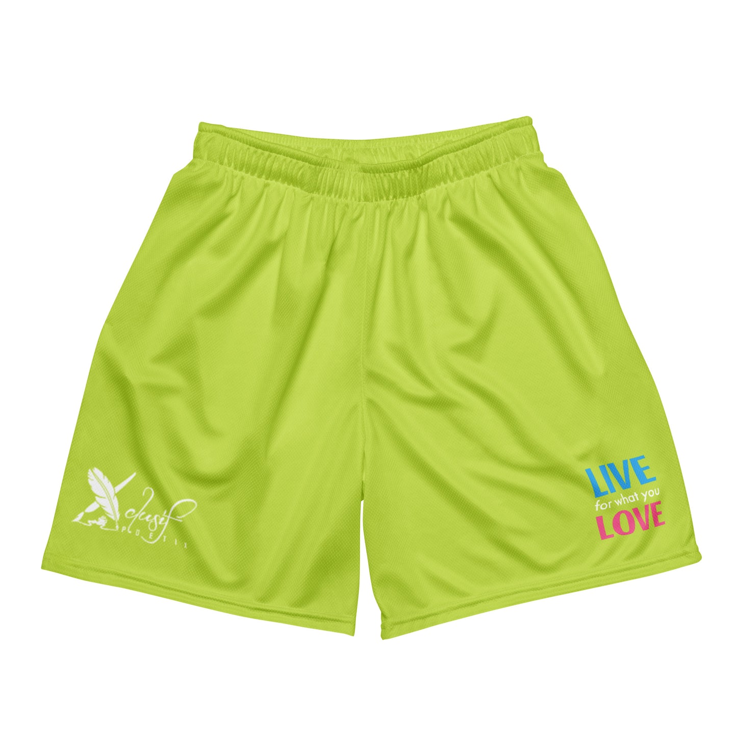 "LIVE FOR WHAT YOU LOVE" BY XCLUSIF POETIX LIGHT GREEN Unisex mesh shorts