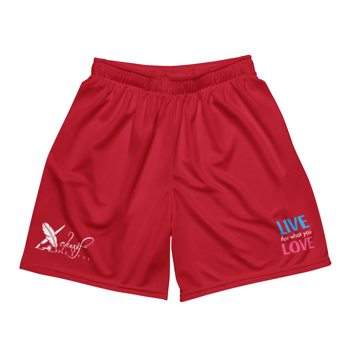 "LIVE FOR WHAT YOU LOVE" BY XCLUSIF POETIX RED Unisex mesh shorts