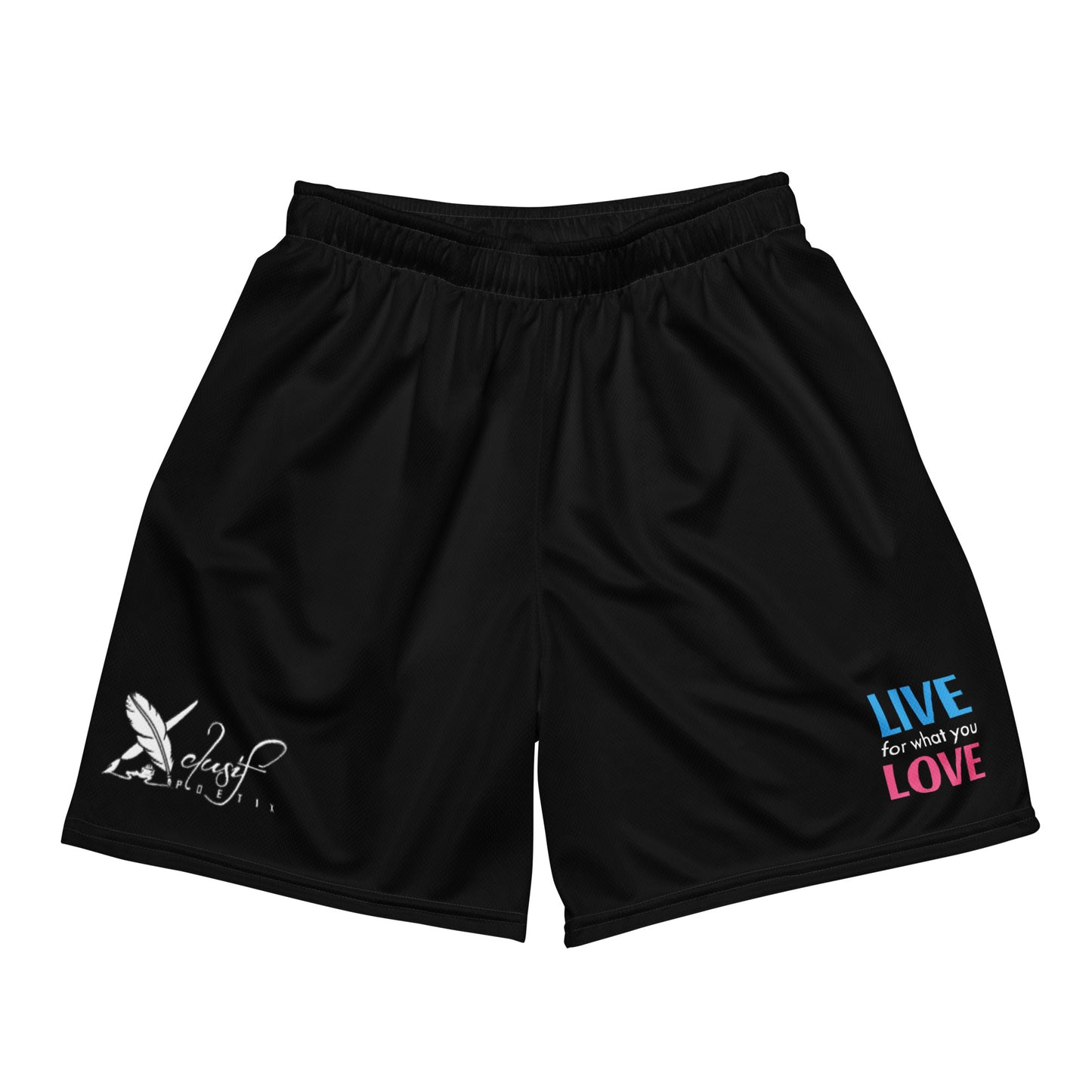 "LIVE FOR WHAT YOU LOVE" BY XCLUSIF POETIX BLACK Unisex mesh shorts