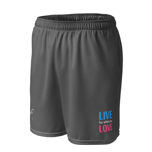 "LIVE FOR WHAT YOU LOVE" BY XCLUSIF POETIX GREY Unisex mesh shorts