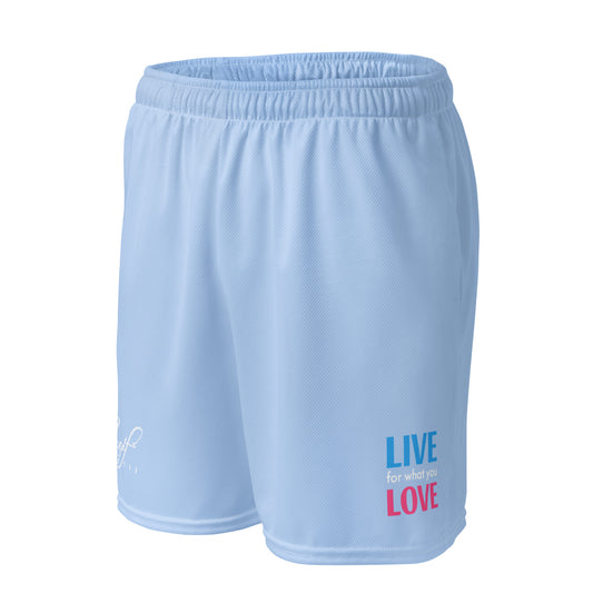 "LIVE FOR WHAT YOU LOVE" BY XCLUSIF POETIX LIGHT BLUE Unisex mesh shorts