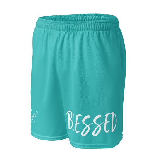 BLESSED BY XCLUSIF POETIX TURQUOISE & WHITE Unisex mesh shorts