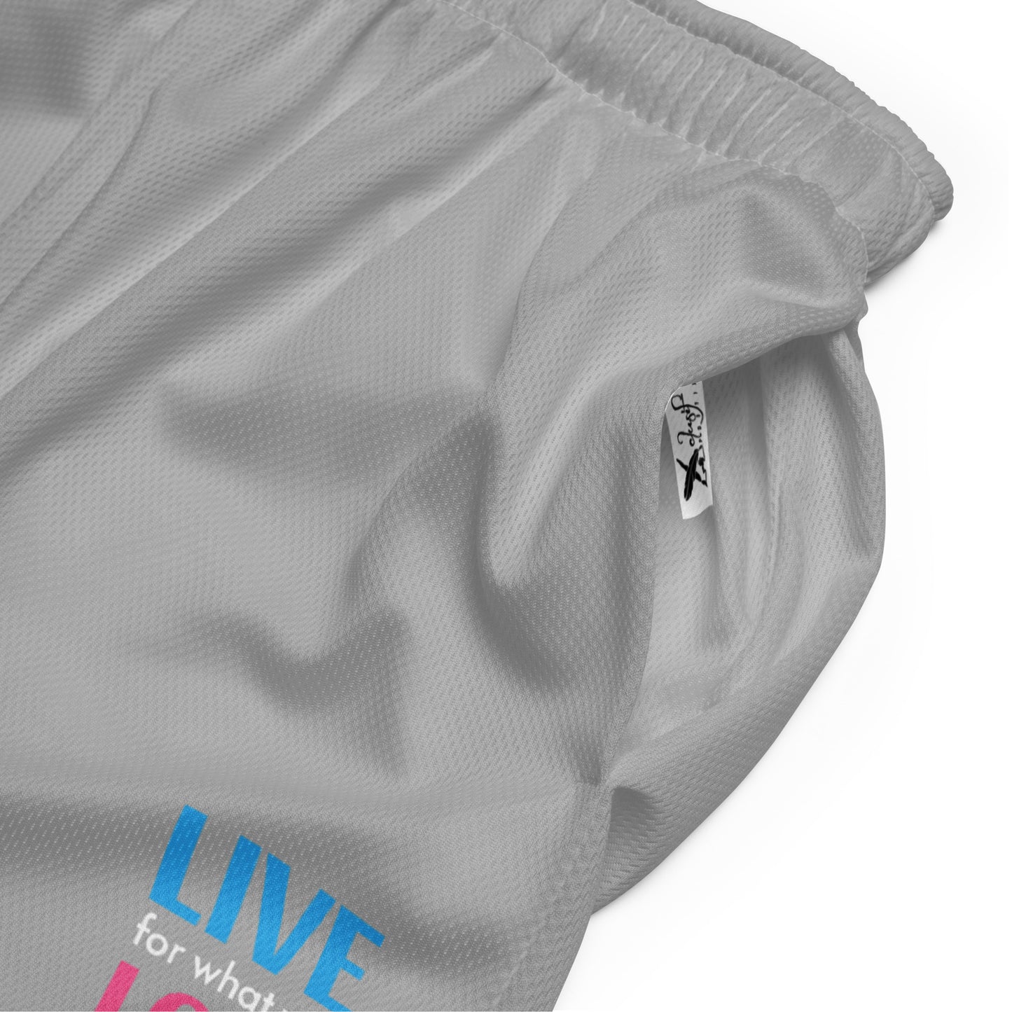 "LIVE FOR WHAT YOU LOVE" BY XCLUSIF POETIX SILVER Unisex mesh shorts