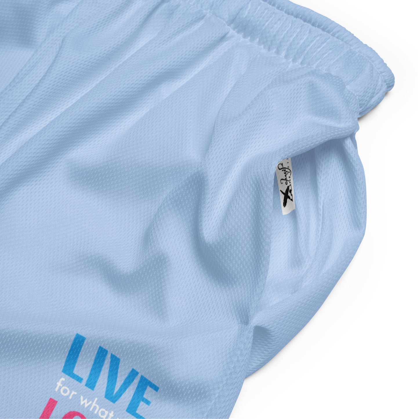 "LIVE FOR WHAT YOU LOVE" BY XCLUSIF POETIX LIGHT BLUE Unisex mesh shorts