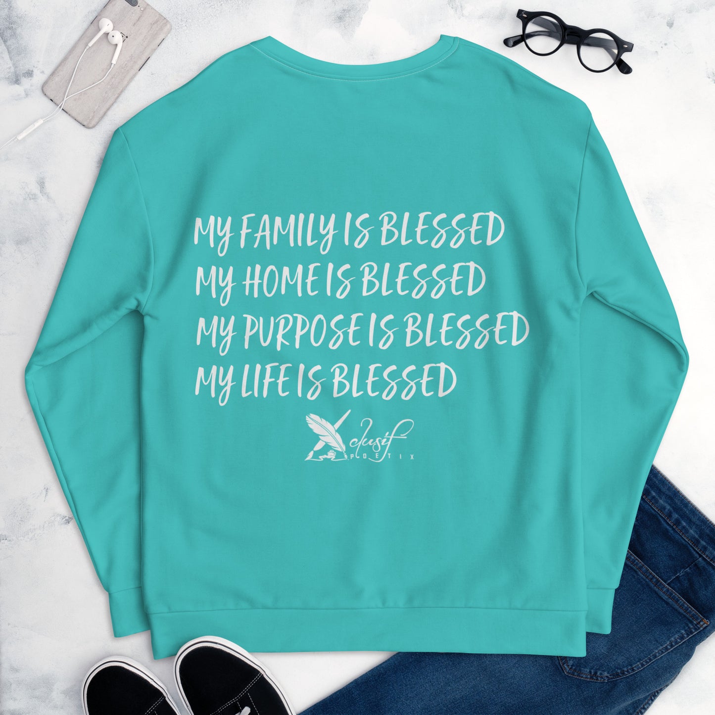 BLESSED BY XCLUSIF POETIX TURQUOISE & WHITE Unisex Sweatshirt