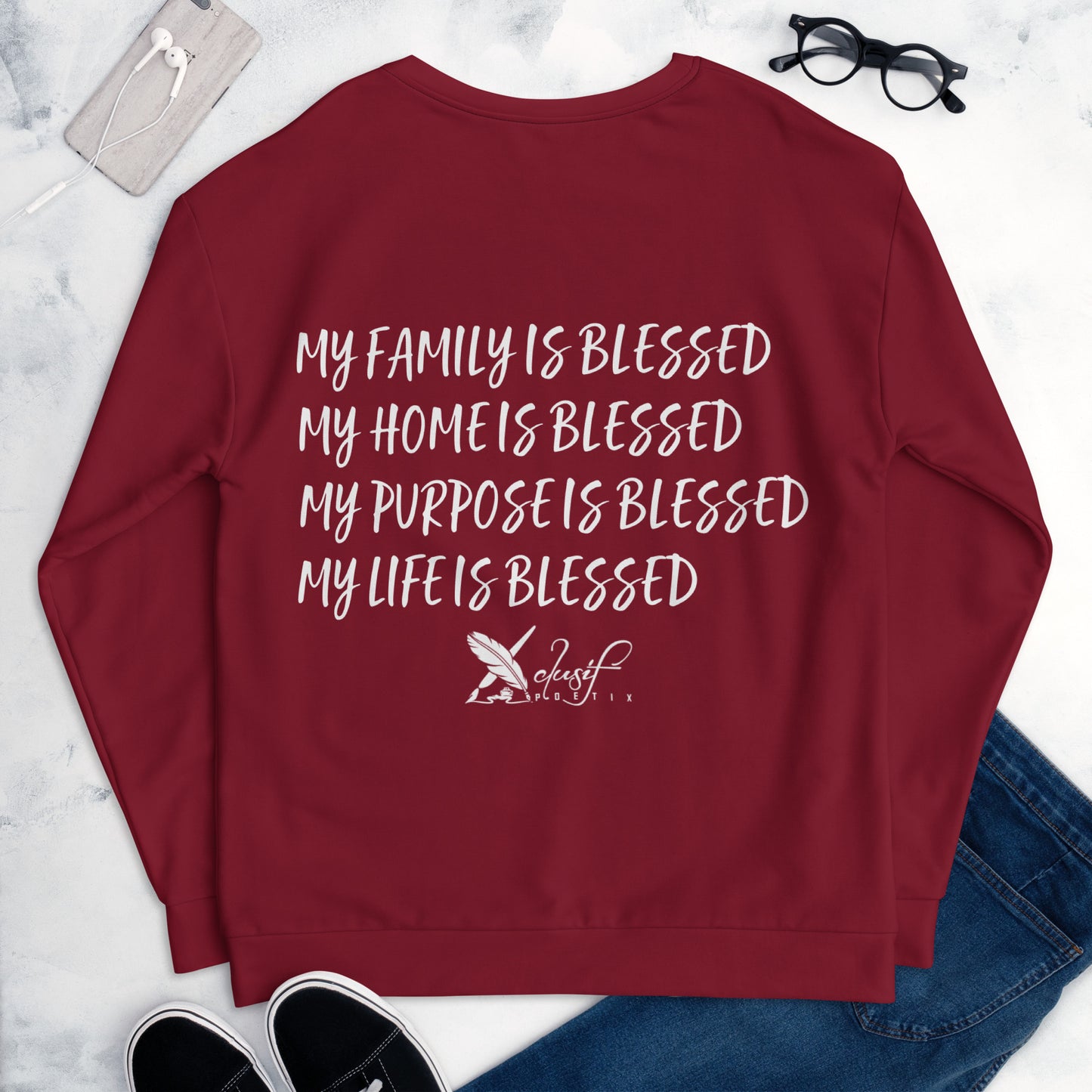 BLESSED BY XCLUSIF POETIX BURGUNDY & WHITE Unisex Sweatshirt