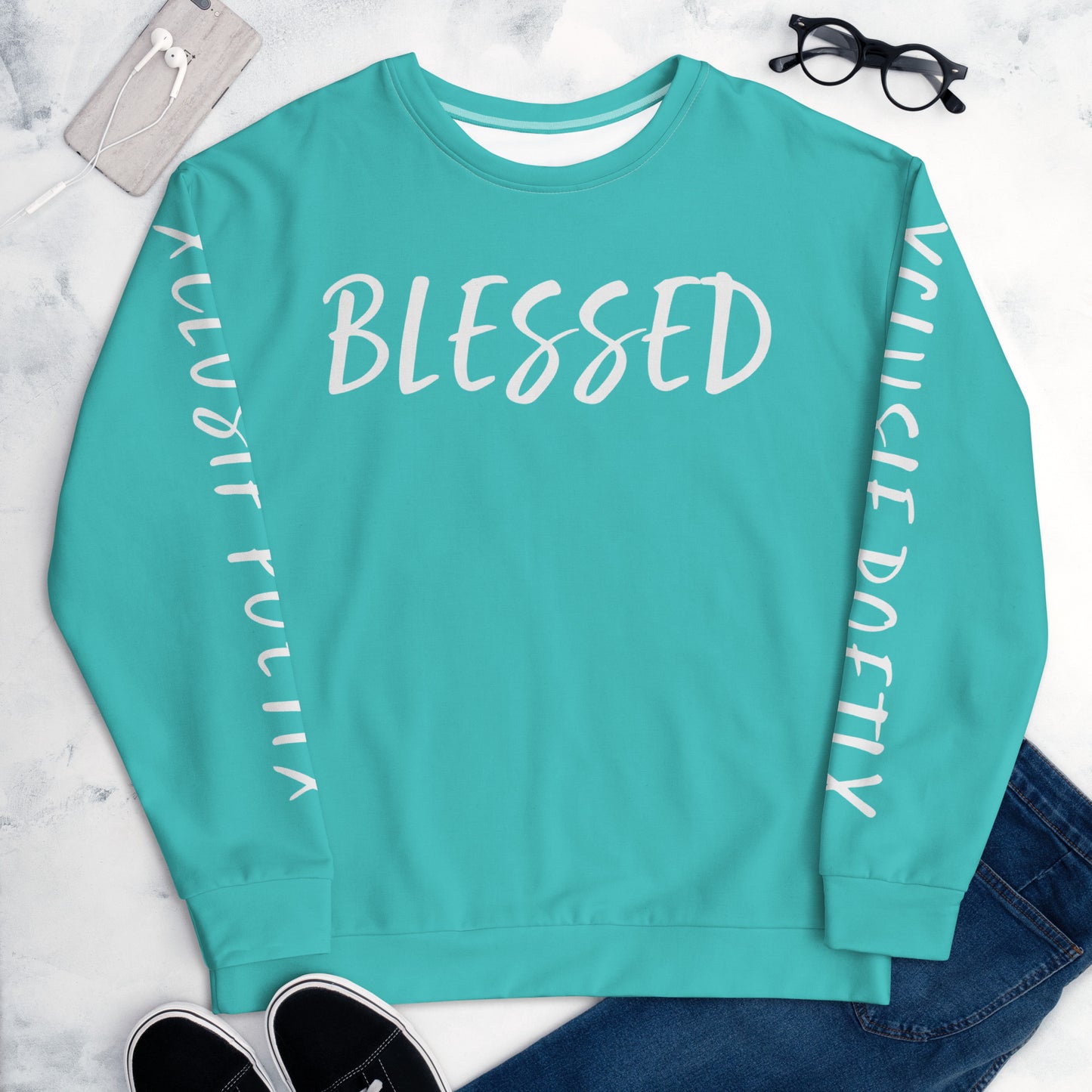 BLESSED BY XCLUSIF POETIX TURQUOISE & WHITE Unisex Sweatshirt