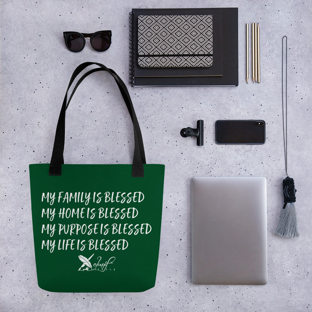 BLESSED BY XCLUSIF POETIX FOREST GREEN & WHITE Tote bag