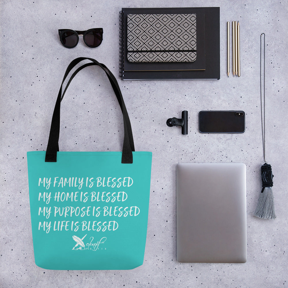 BLESSED BY XCLUSIF POETIX TURQUOISE & WHITE Tote bag