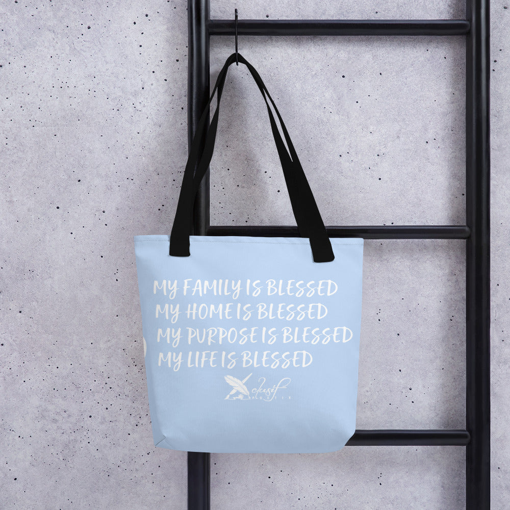 BLESSED BY XCLUSIF POETIX LIGHT BLUE & WHITE Tote bag