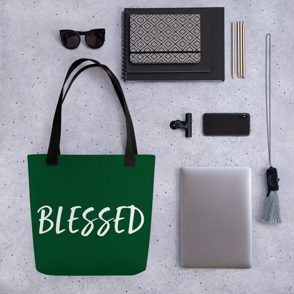 BLESSED BY XCLUSIF POETIX FOREST GREEN & WHITE Tote bag