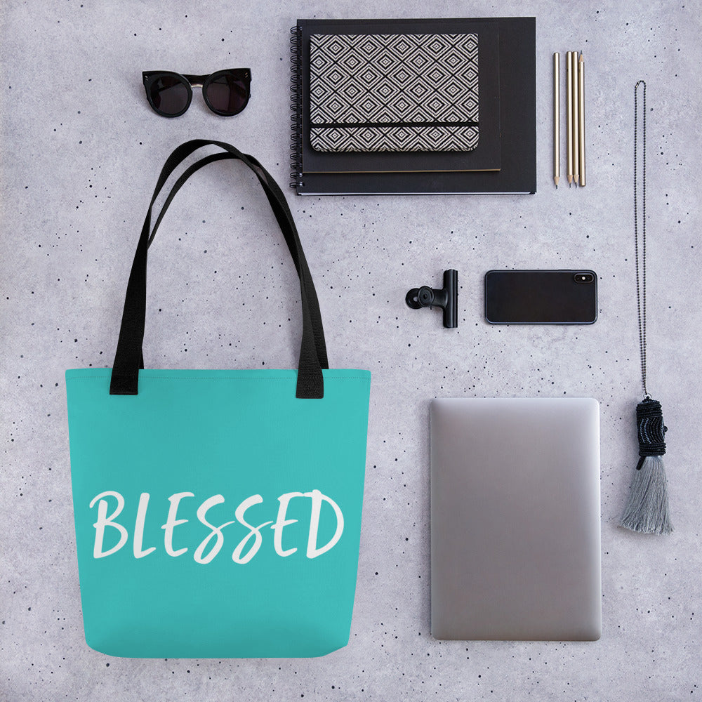 BLESSED BY XCLUSIF POETIX TURQUOISE & WHITE Tote bag