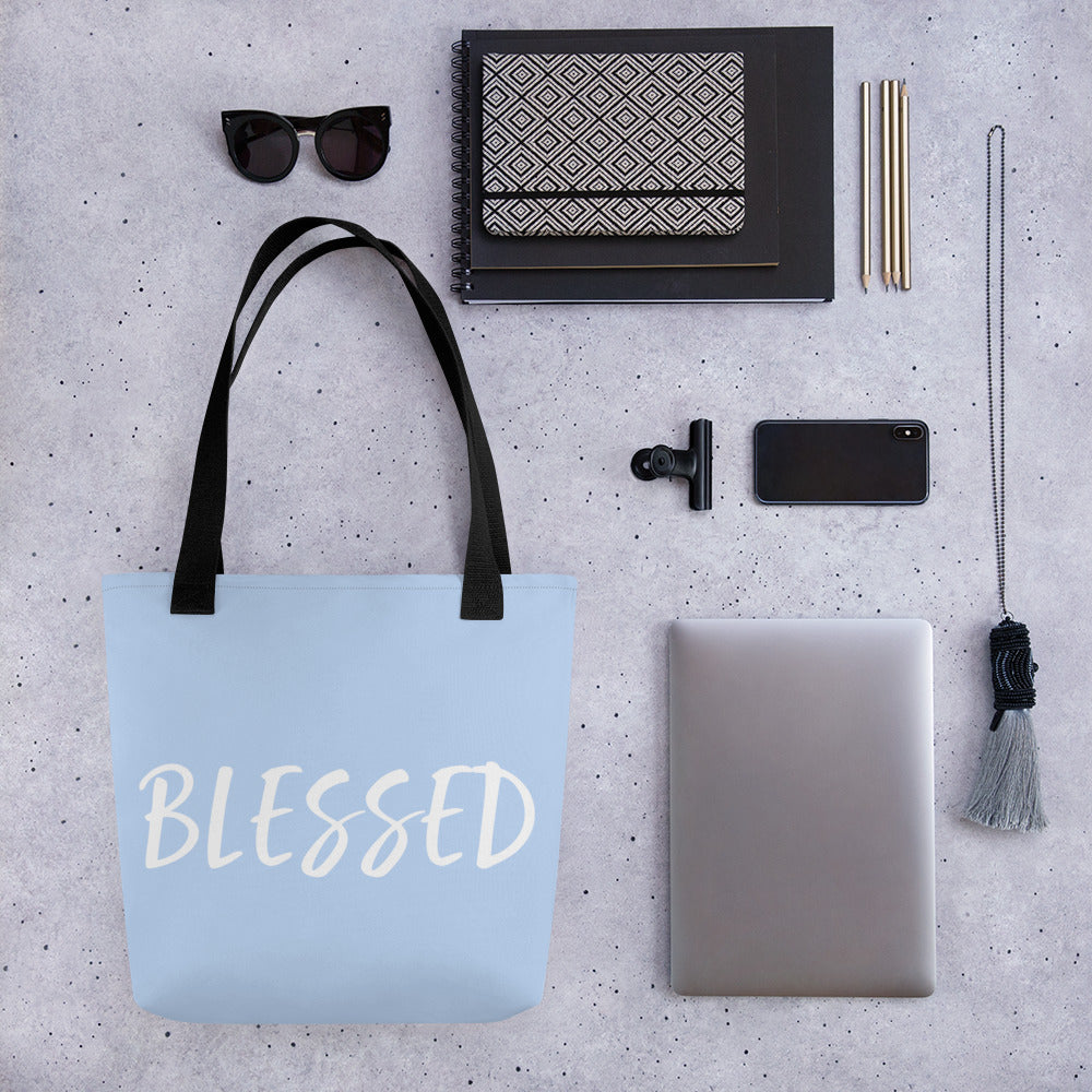 BLESSED BY XCLUSIF POETIX LIGHT BLUE & WHITE Tote bag