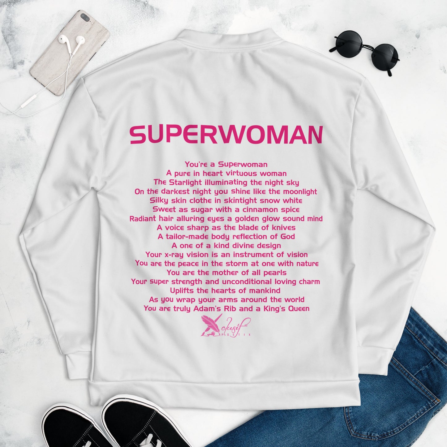 SUPERWOMAN BY XCLUSIF POETIX WHITE & PINK Unisex Bomber Jacket