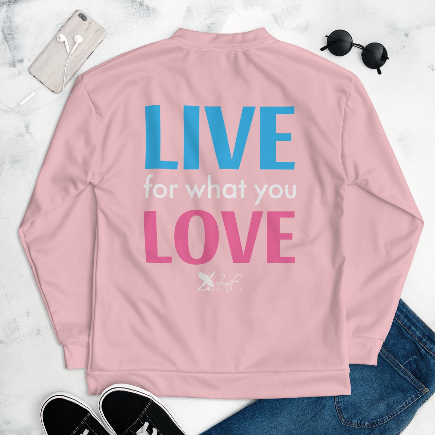 "LIVE FOR WHAT YOU LOVE" BY XCLUSIF POETIX PINK Unisex Bomber Jacket