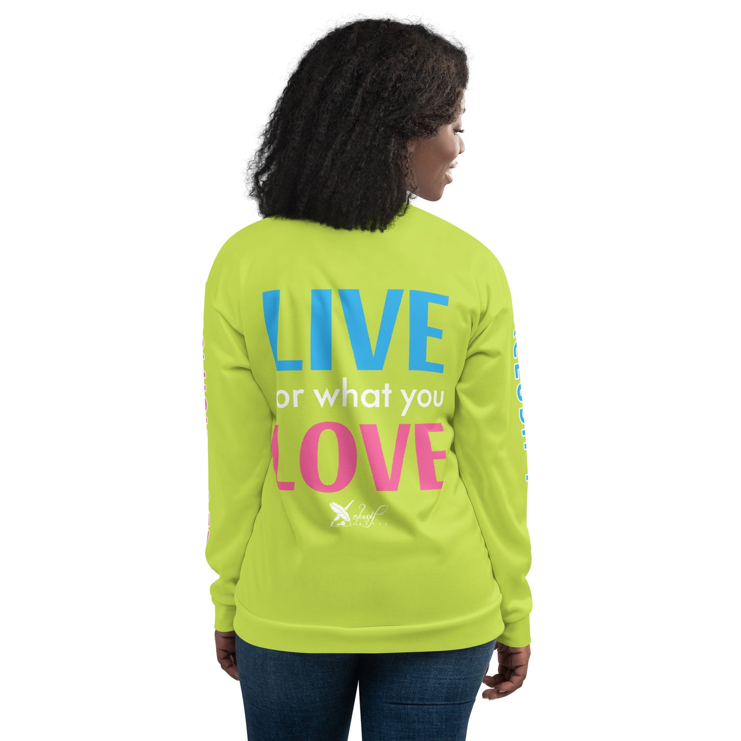 "LIVE FOR WHAT YOU LOVE" BY XCLUSIF POETIX LIGHT GREEN Unisex Bomber Jacket