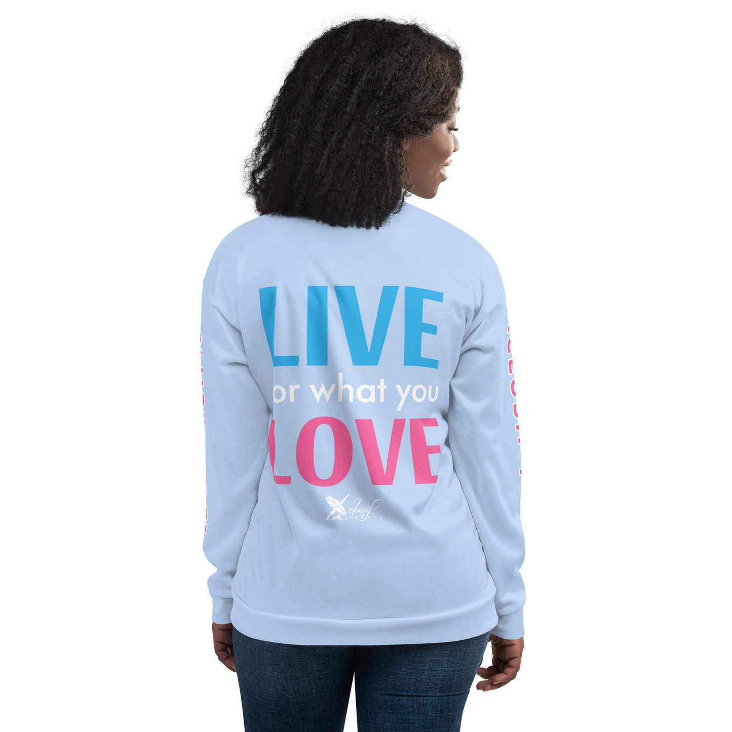 "LIVE FOR WHAT YOU LOVE" BY XCLUSIF POETIX LIGHT BLUE Unisex Bomber Jacket