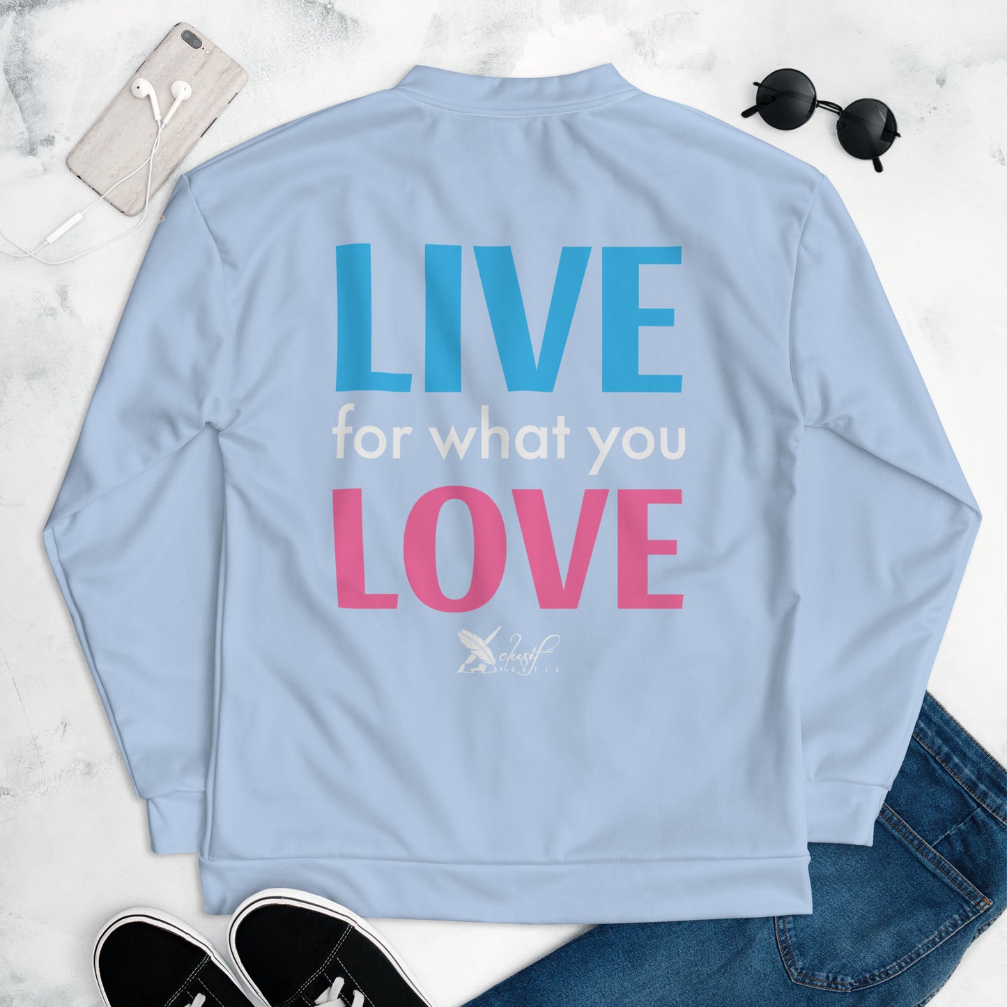 "LIVE FOR WHAT YOU LOVE" BY XCLUSIF POETIX LIGHT BLUE Unisex Bomber Jacket