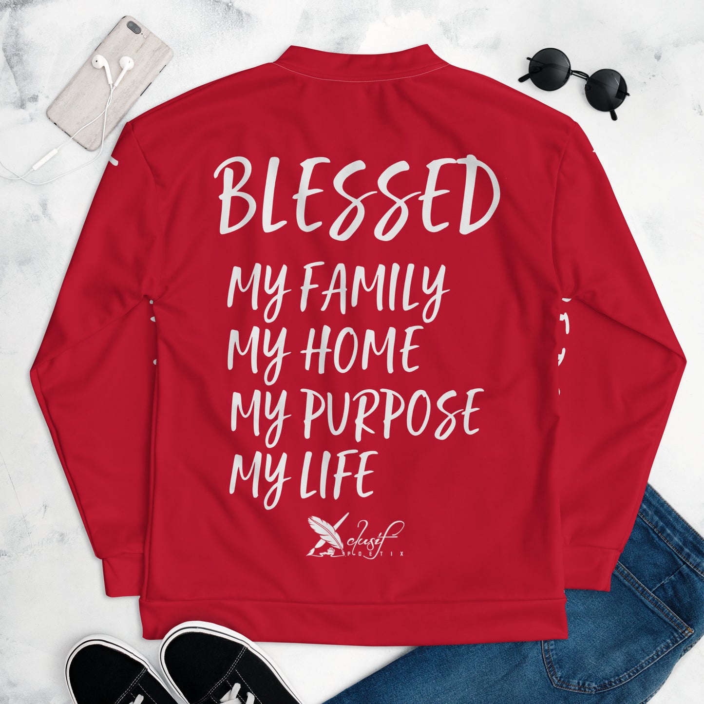 BLESSED BY XCLUSIF POETIX RED & WHITE Unisex Bomber Jacket