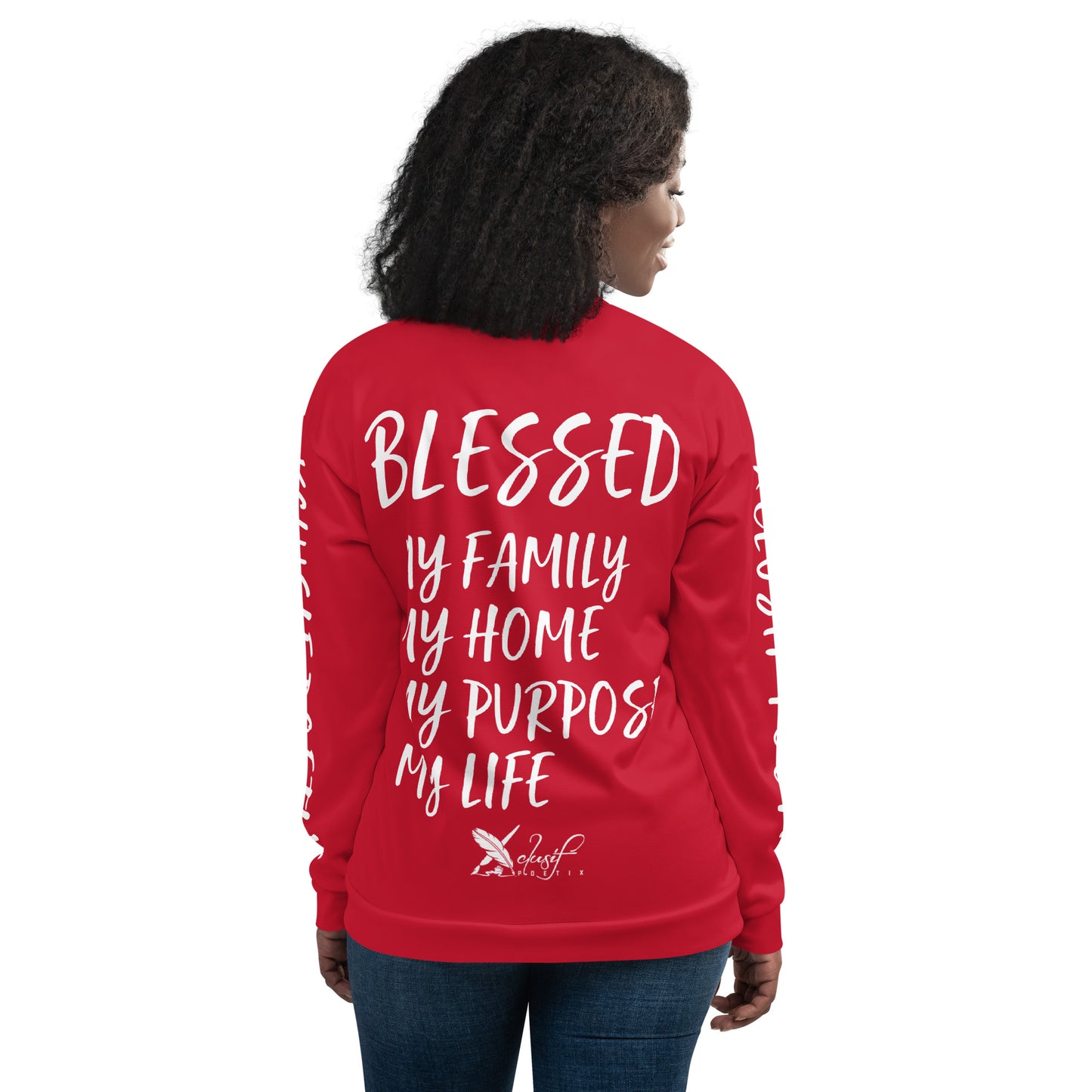 BLESSED BY XCLUSIF POETIX RED & WHITE Unisex Bomber Jacket