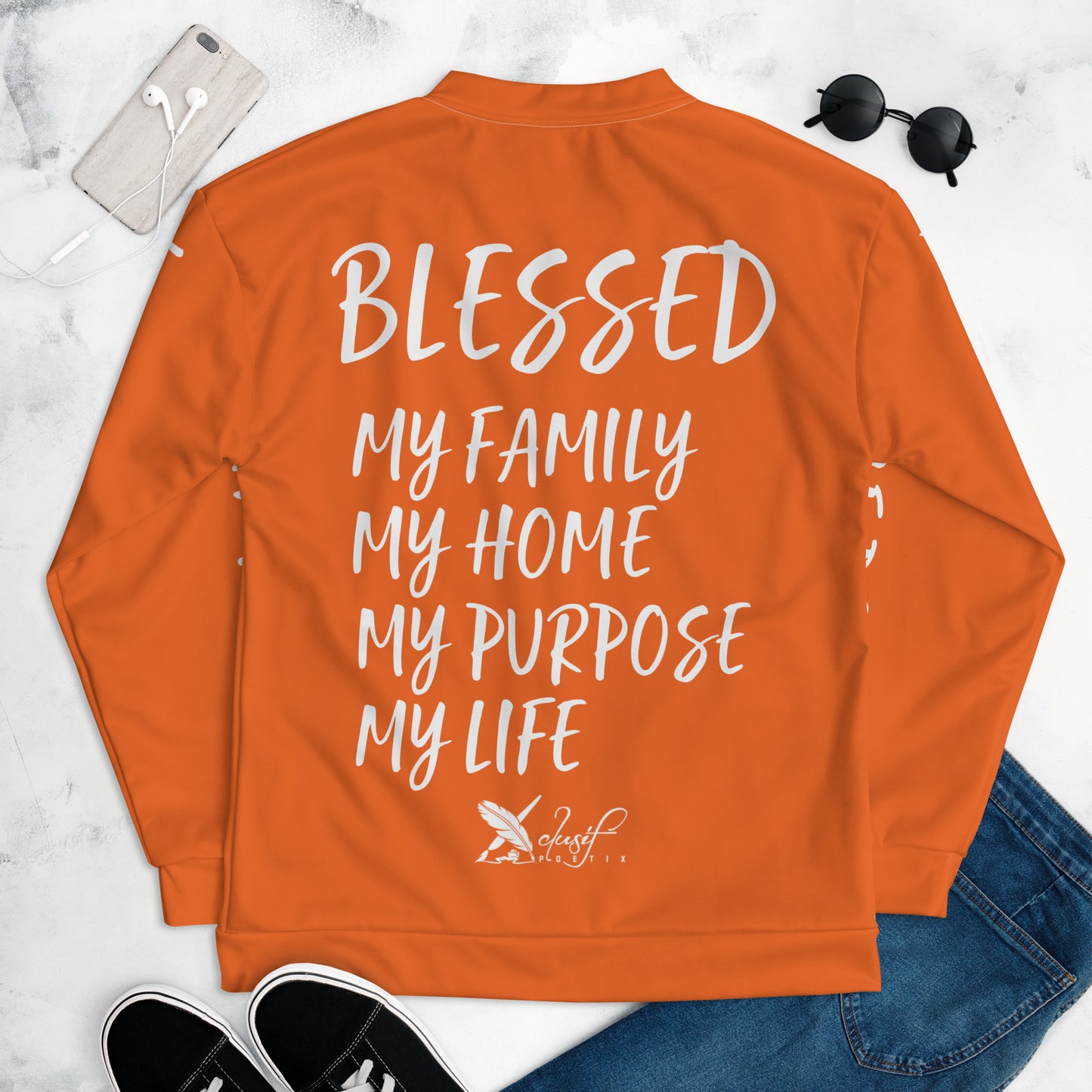 BLESSED BY XCLUSIF POETIX ORANGE & WHITE Unisex Bomber Jacket