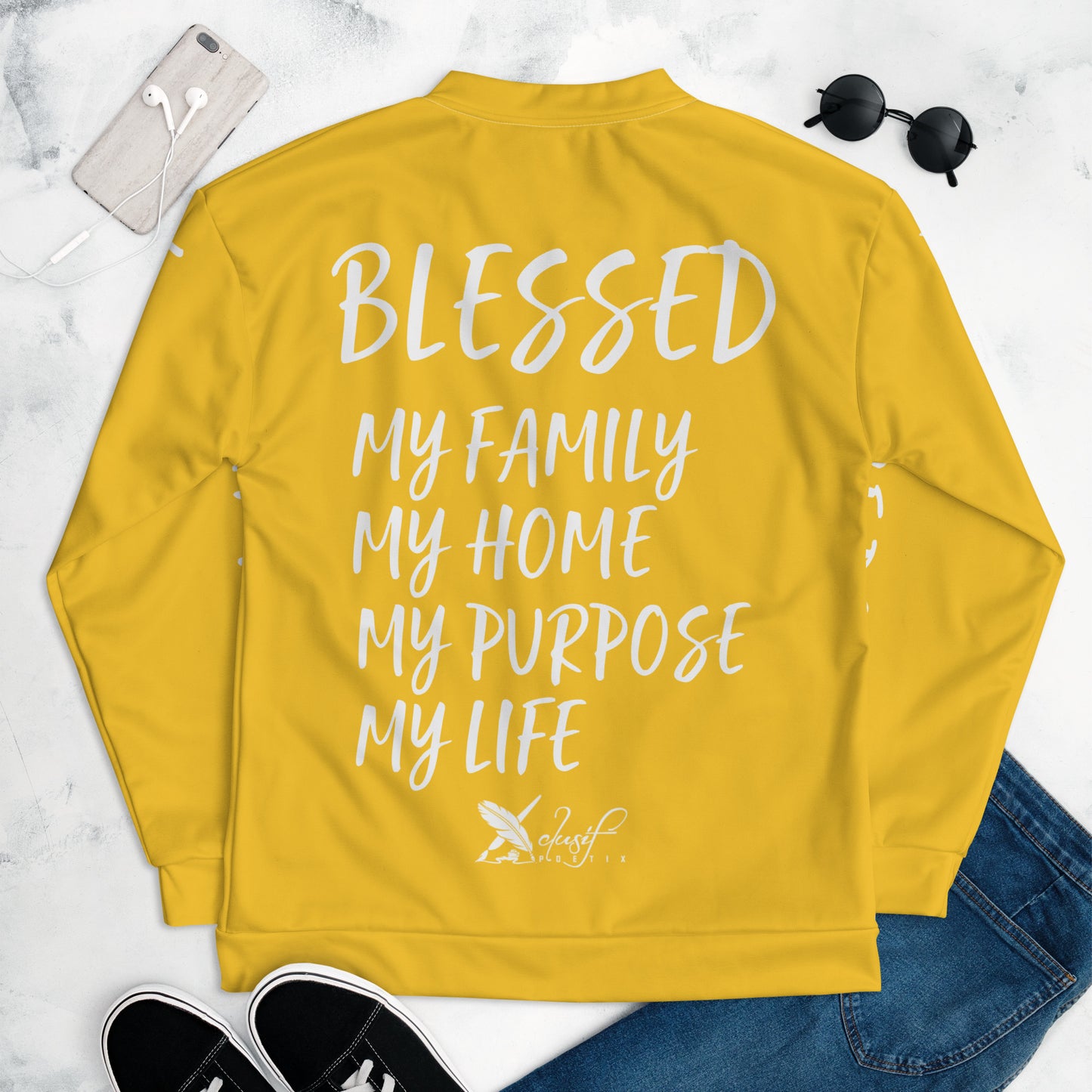 BLESSED BY XCLUSIF POETIX YELLOW & WHITE Unisex Bomber Jacket