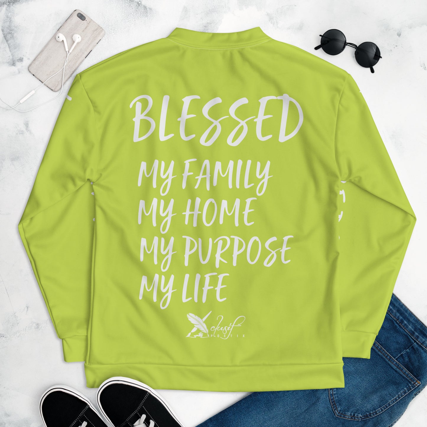 BLESSED BY XCLUSIF POETIX LIGHT GREEN & WHITE Unisex Bomber Jacket