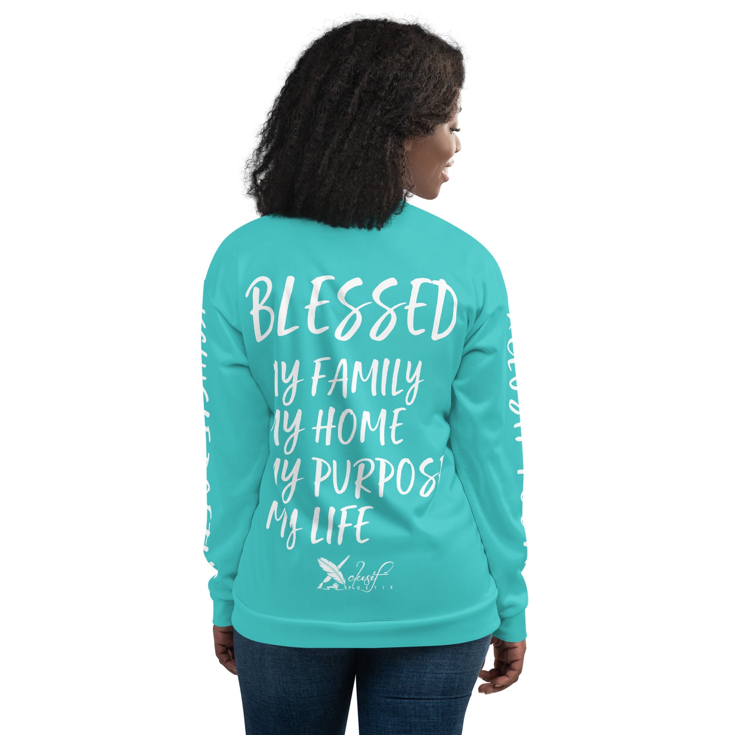 BLESSED BY XCLUSIF POETIX TURQUOISE & WHITE Unisex Bomber Jacket