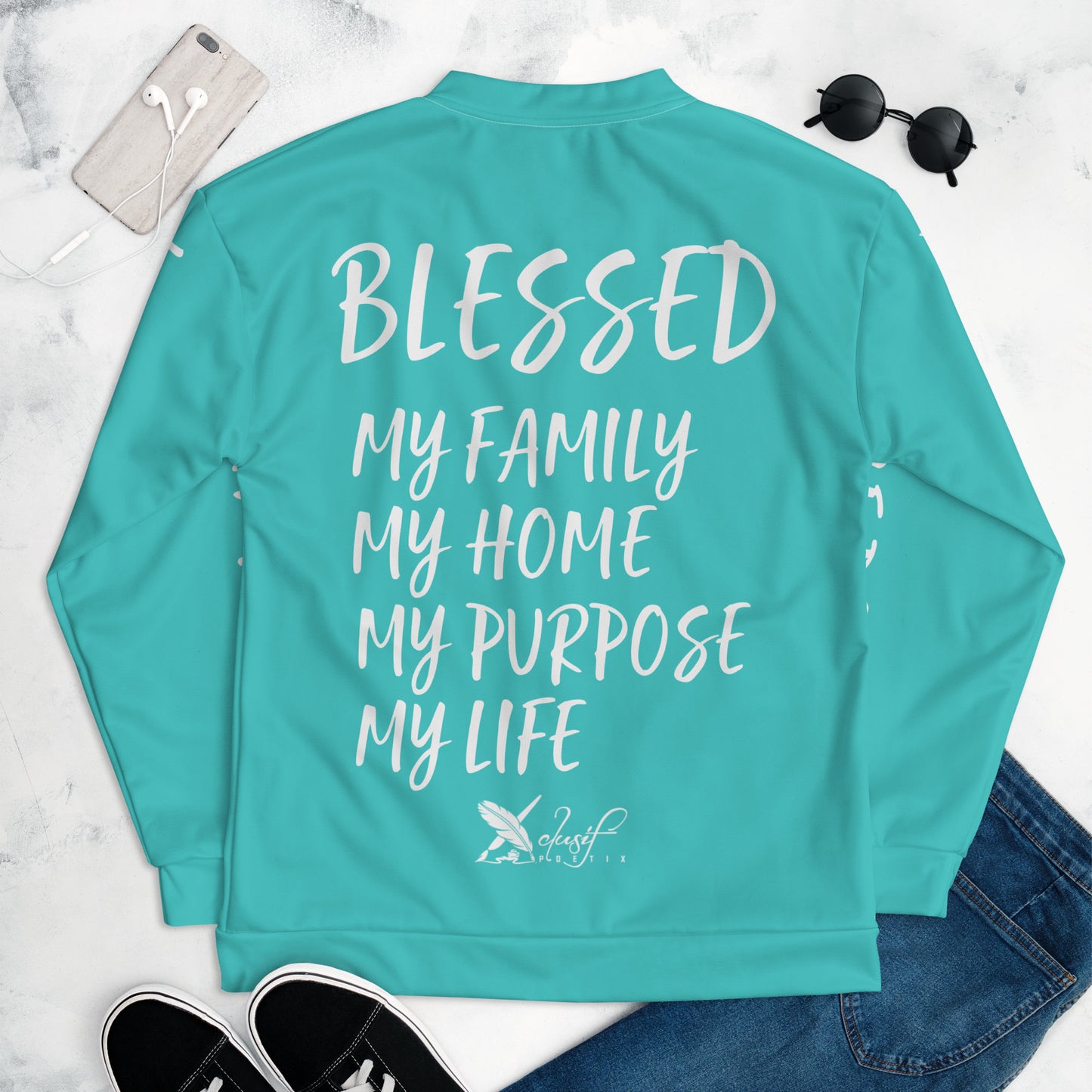 BLESSED BY XCLUSIF POETIX TURQUOISE & WHITE Unisex Bomber Jacket