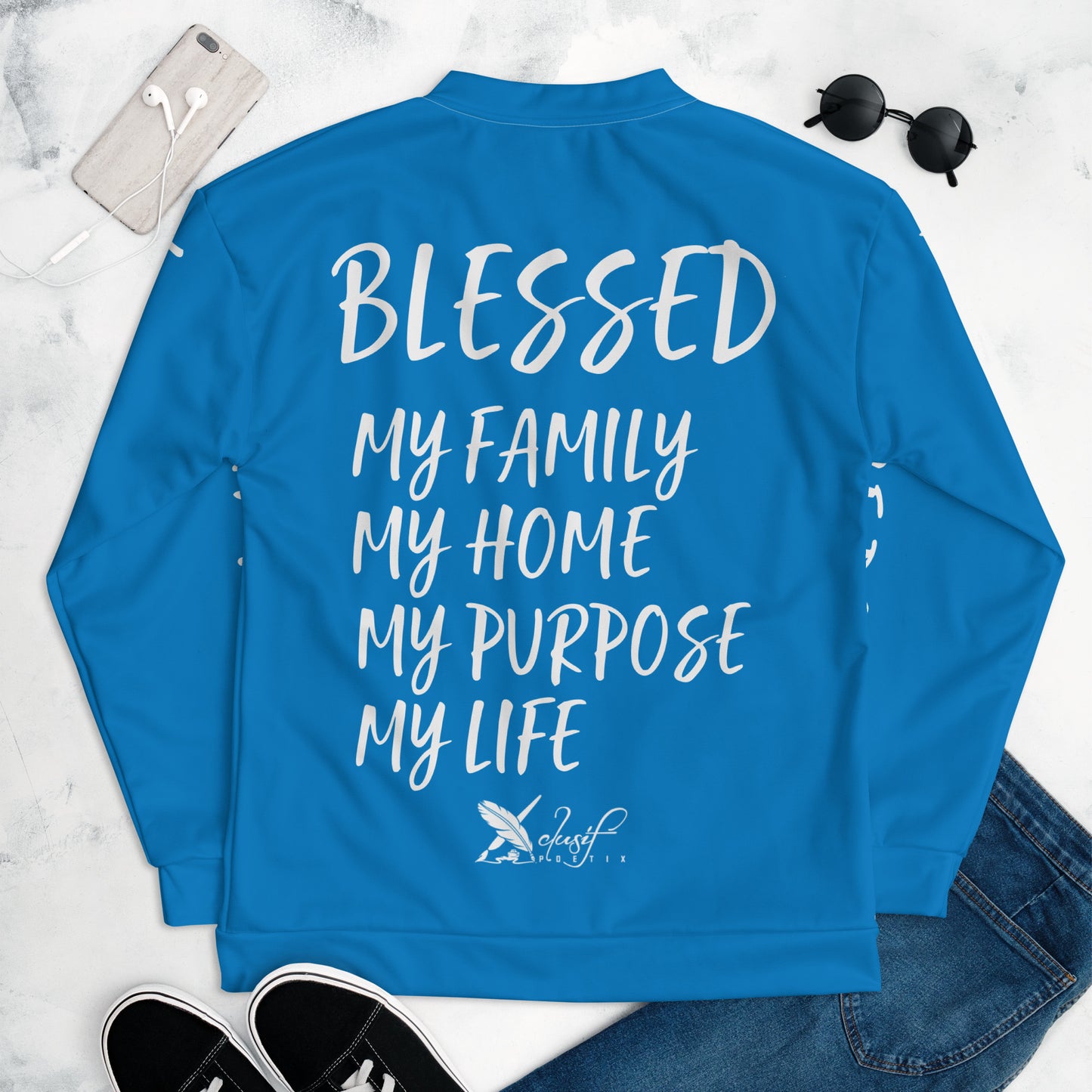 BLESSED BY XCLUSIF POETIX BLUE & WHITE Unisex Bomber Jacket