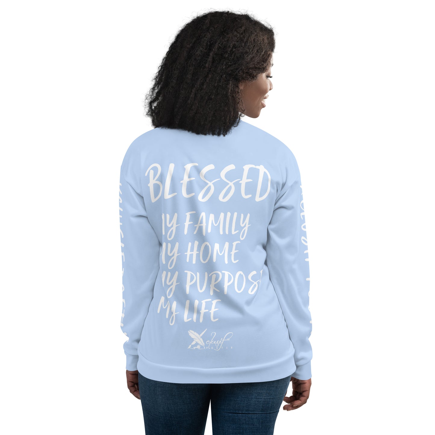 BLESSED BY XCLUSIF POETIX LIGHT BLUE & WHITE Unisex Bomber Jacket