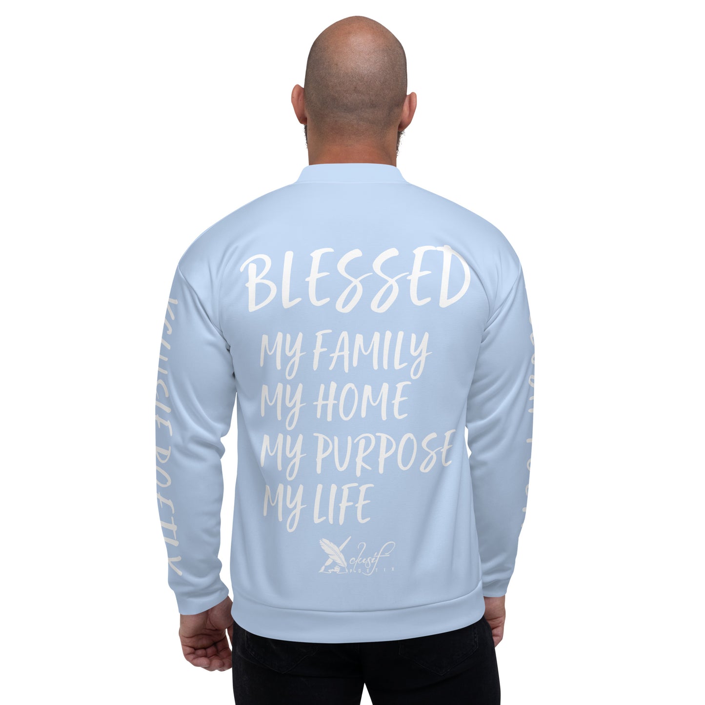 BLESSED BY XCLUSIF POETIX LIGHT BLUE & WHITE Unisex Bomber Jacket