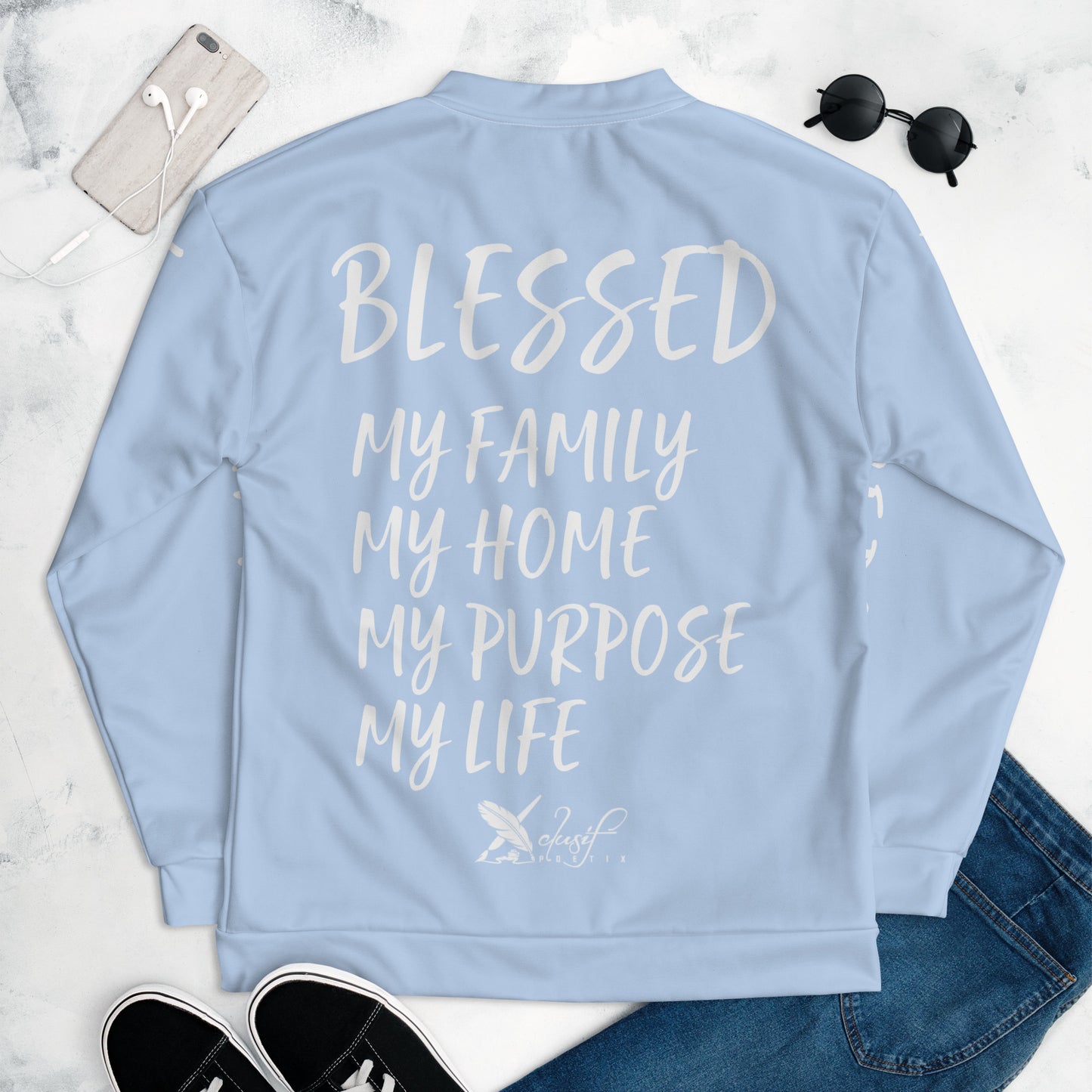 BLESSED BY XCLUSIF POETIX LIGHT BLUE & WHITE Unisex Bomber Jacket