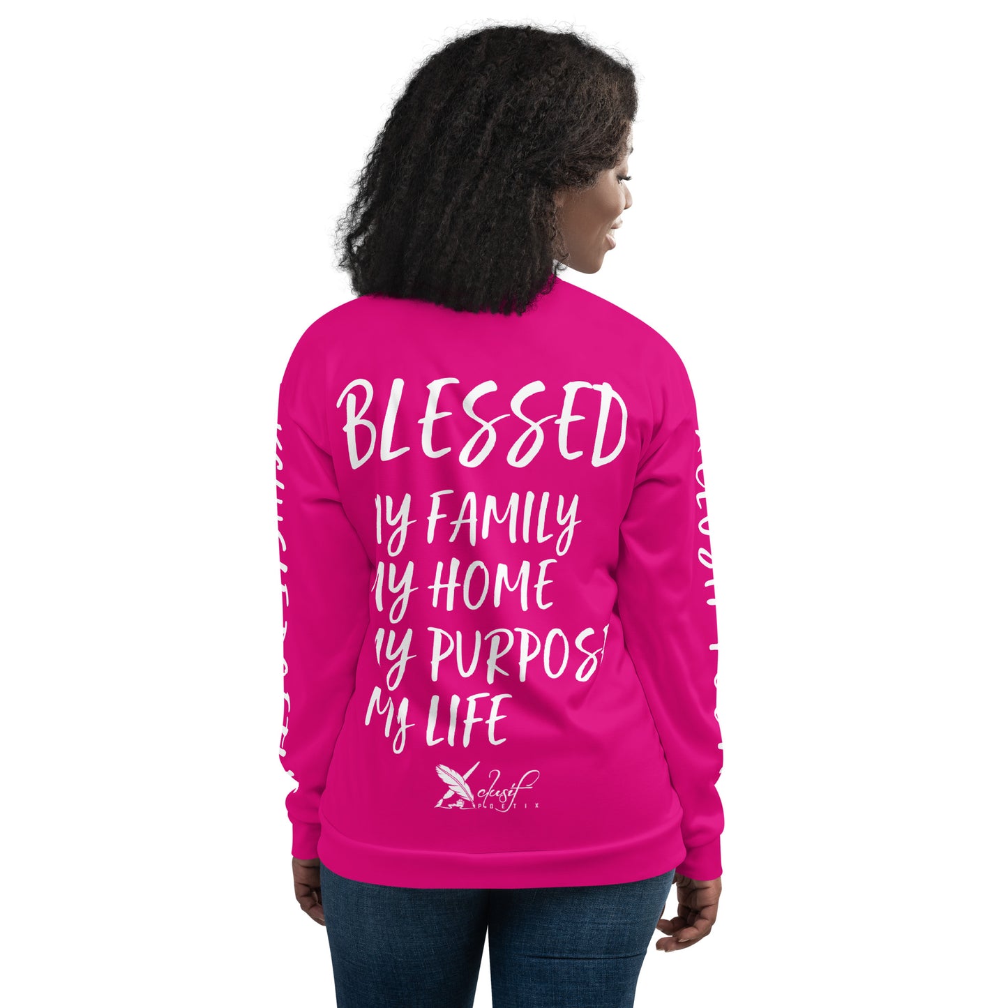 BLESSED BY XCLUSIF POETIX HOT PINK & WHITE Unisex Bomber Jacket