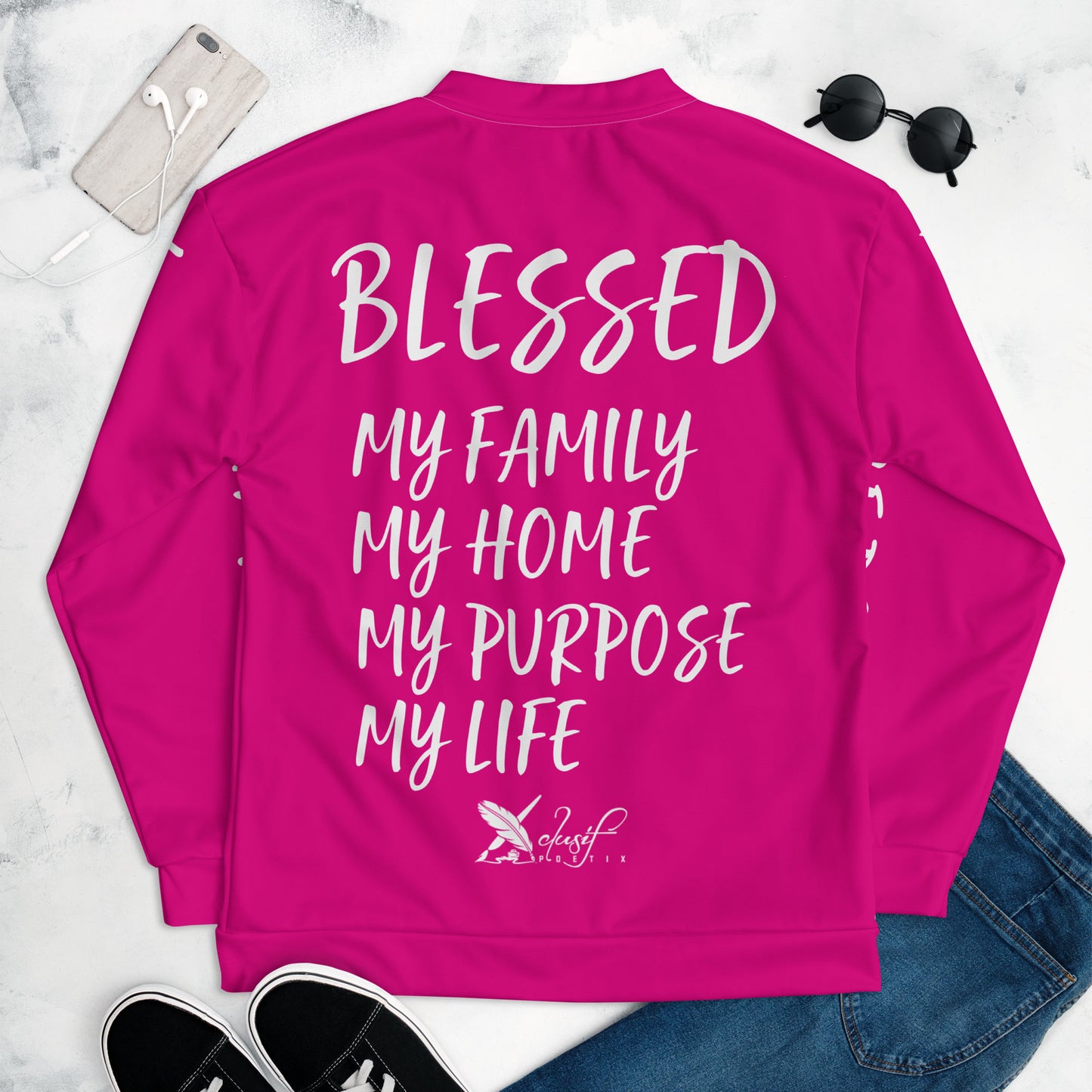 BLESSED BY XCLUSIF POETIX HOT PINK & WHITE Unisex Bomber Jacket