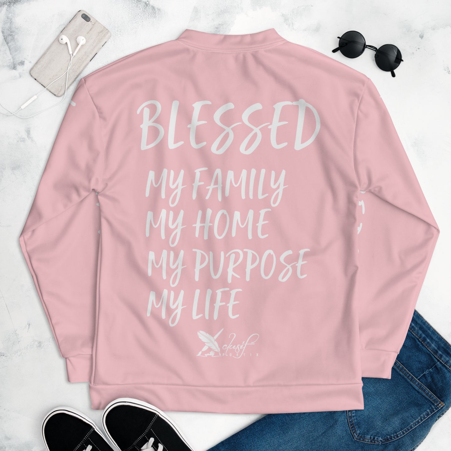 BLESSED BY XCLUSIF POETIX PINK & WHITE Unisex Bomber Jacket