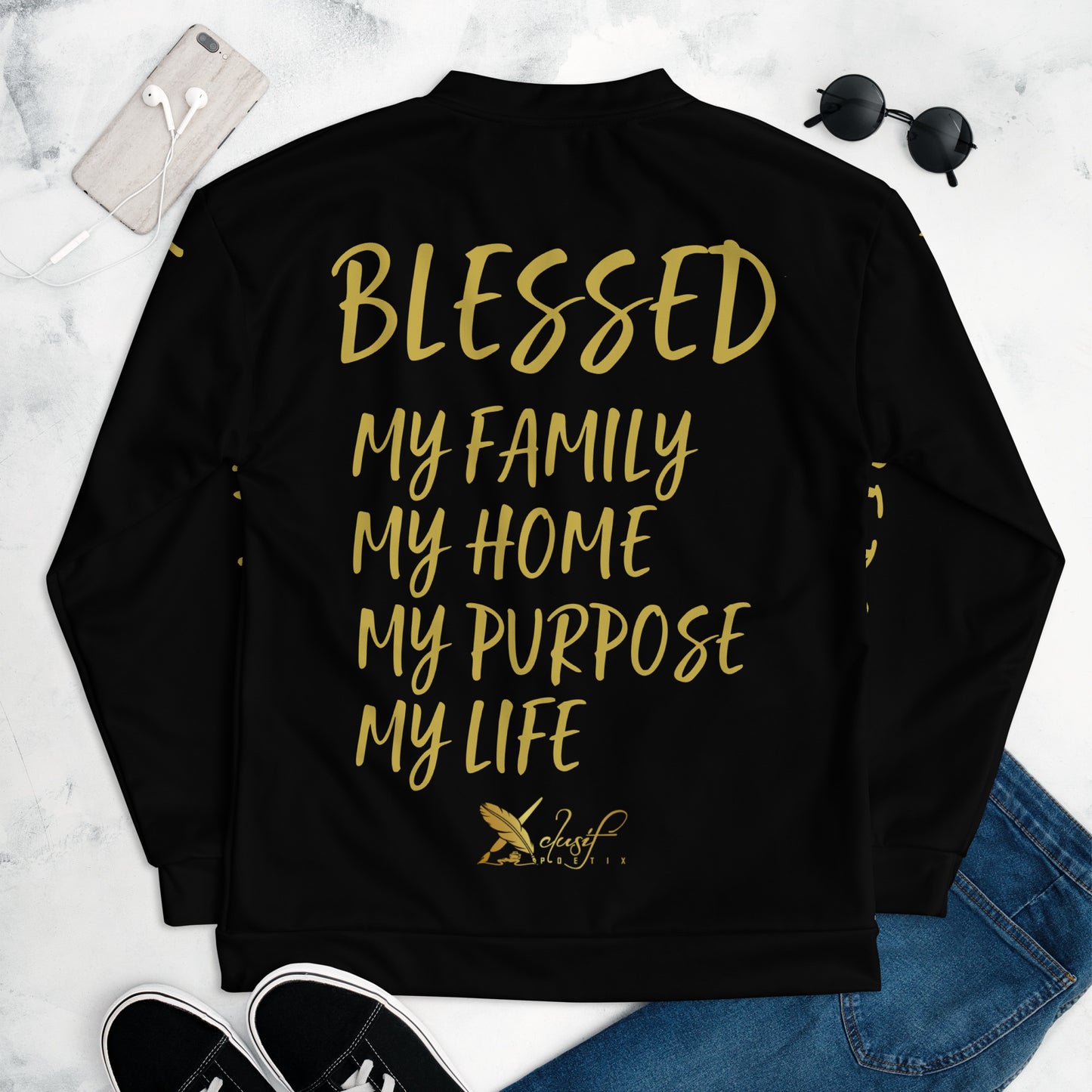 BLESSED BY XCLUSIF POETIX BLACK & GOLD Unisex Bomber Jacket