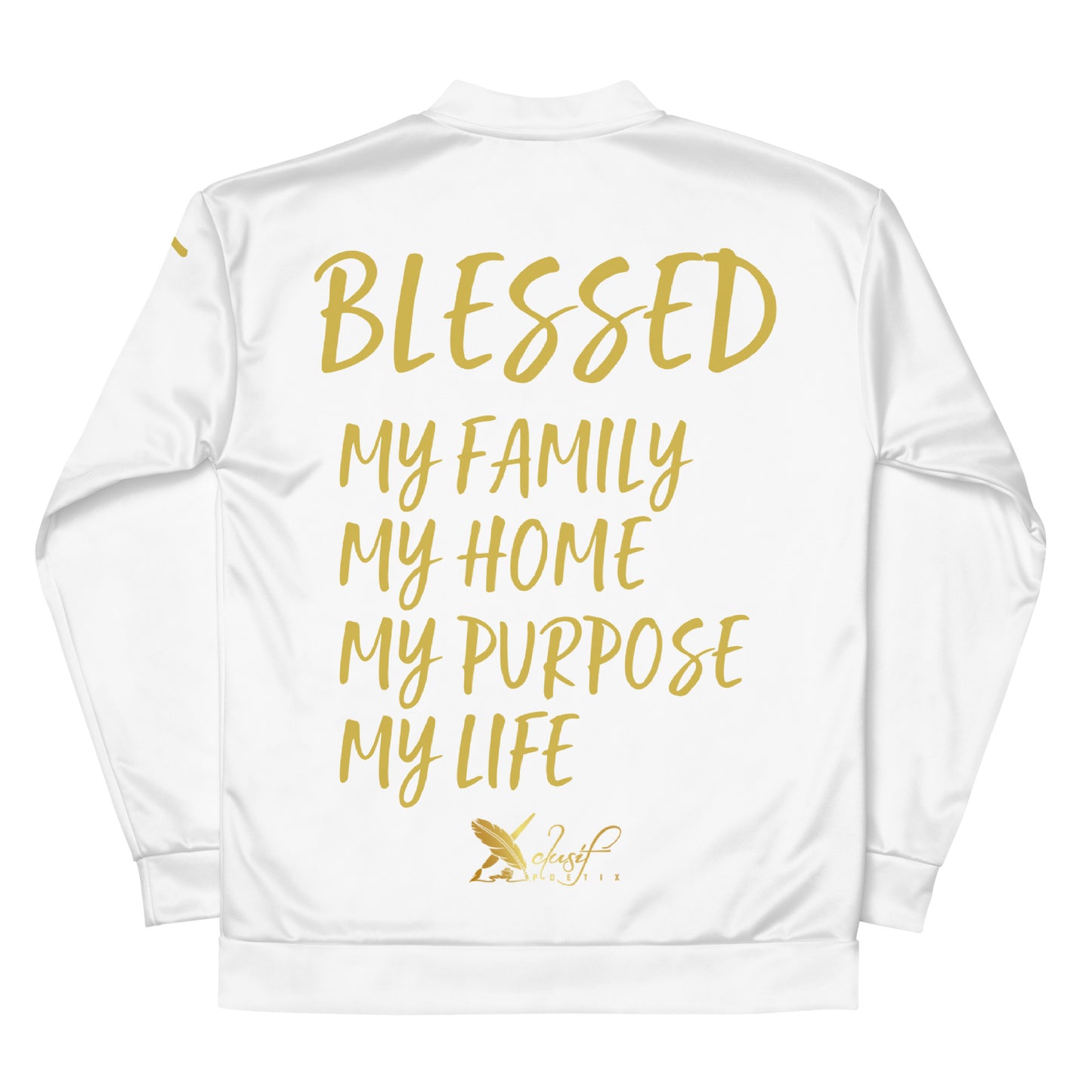 BLESSED BY XCLUSIF POETIX WHITE & GOLD Unisex Bomber Jacket