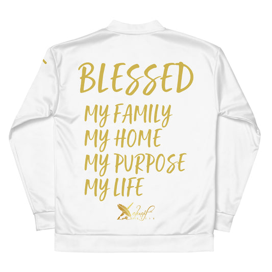 BLESSED BY XCLUSIF POETIX WHITE & GOLD Unisex Bomber Jacket