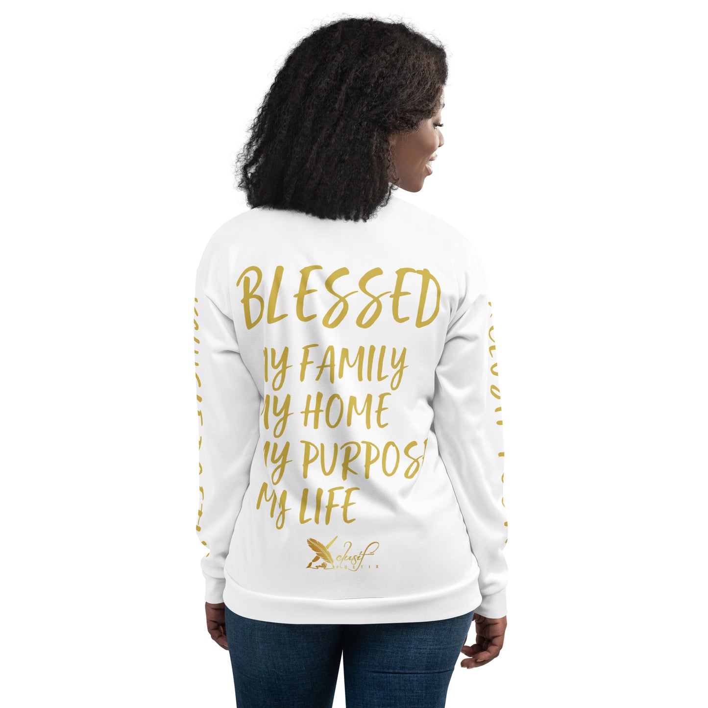 BLESSED BY XCLUSIF POETIX WHITE & GOLD Unisex Bomber Jacket