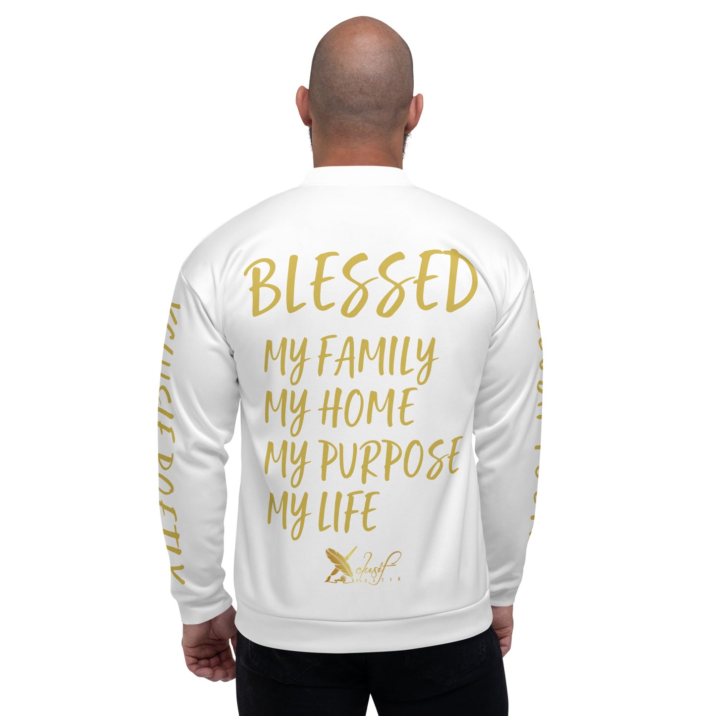 BLESSED BY XCLUSIF POETIX WHITE & GOLD Unisex Bomber Jacket