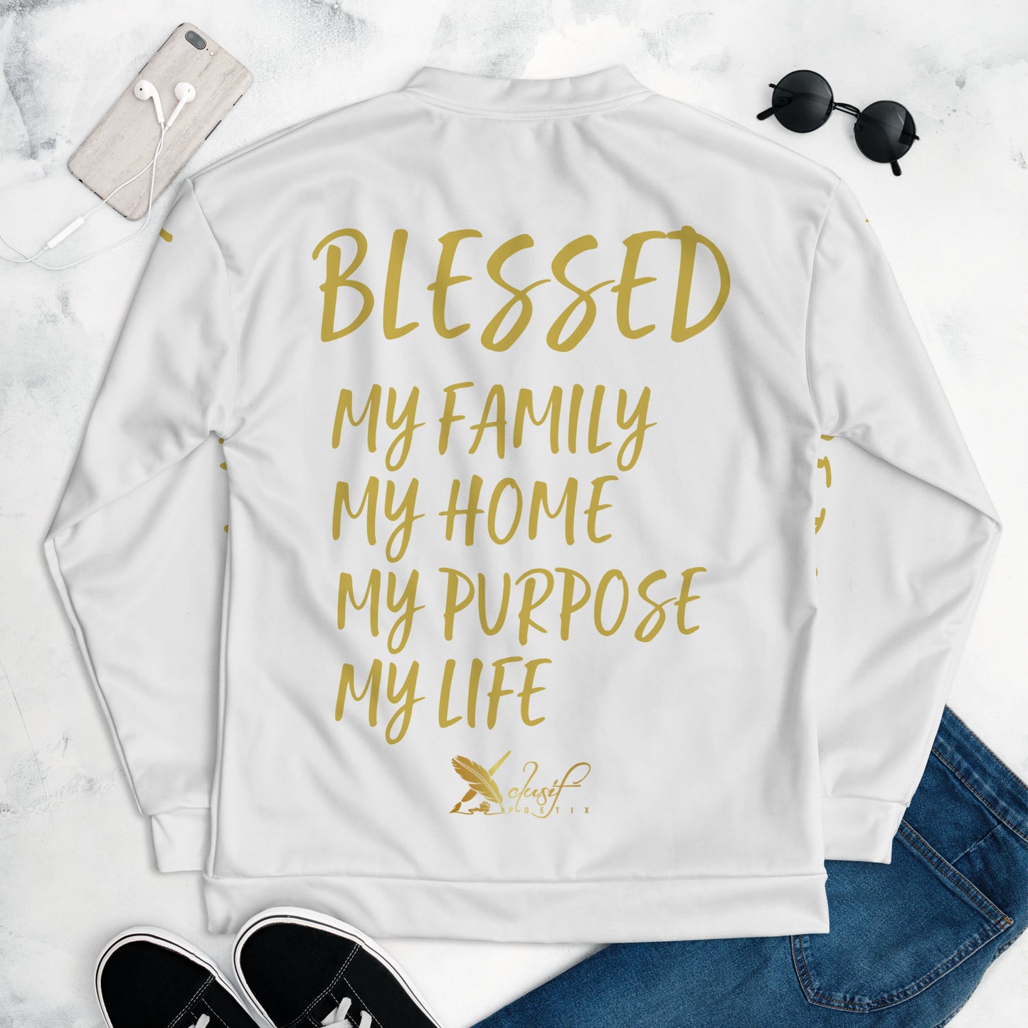 BLESSED BY XCLUSIF POETIX WHITE & GOLD Unisex Bomber Jacket